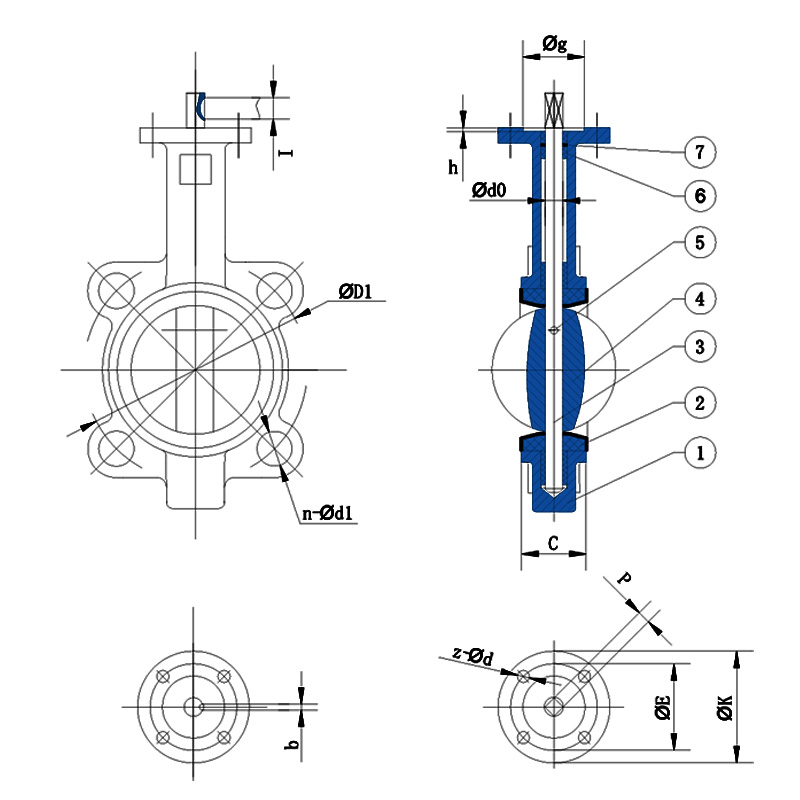 Ductile-Iron-PTFE-Sest-Wafer-Butterfly-Valve-Drawing