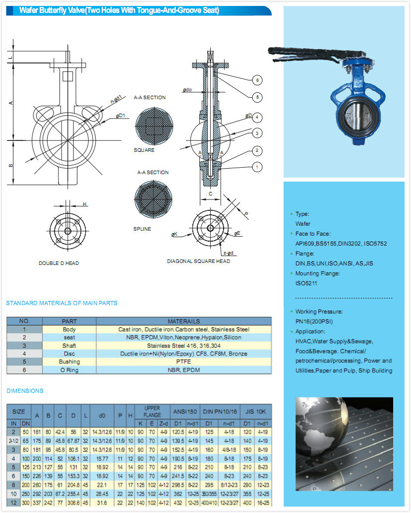 Ductile Iron Wafer Butterfly Valve with Universal Flange